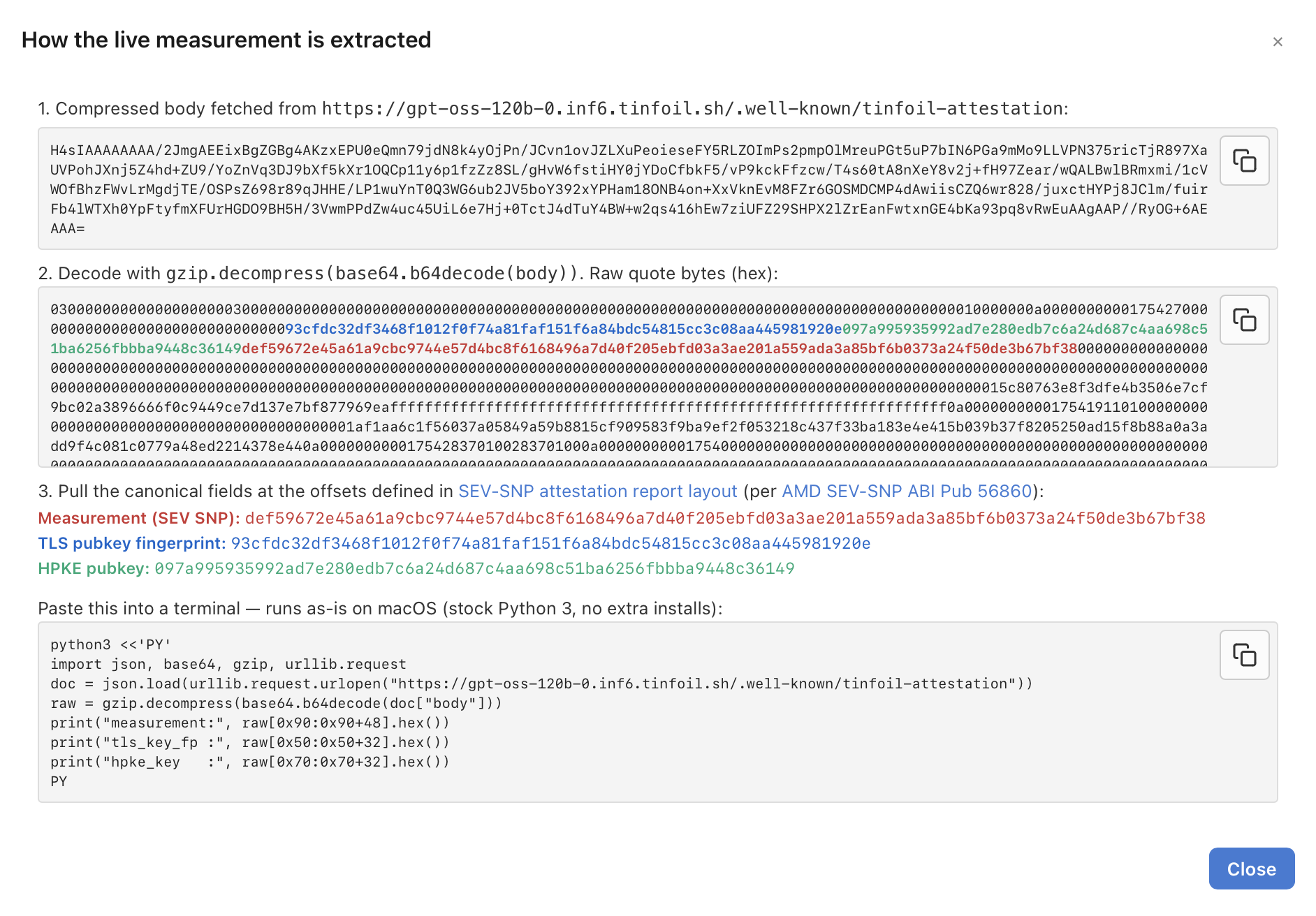 The 'How the live measurement is extracted' modal. Four numbered steps: (1) Compressed body fetched from the enclave's /.well-known/tinfoil-attestation endpoint, showing the base64+gzip payload. (2) gzip.decompress(base64.b64decode(body)) producing raw quote bytes shown as a hex dump. (3) Canonical fields pulled at the SEV-SNP report-layout offsets: Measurement, TLS pubkey fingerprint, HPKE pubkey — each as a 96-character hex string with copy buttons. (4) A self-contained Python script that reproduces the full extraction, runnable as-is on macOS with stock Python 3 and no extra installs.